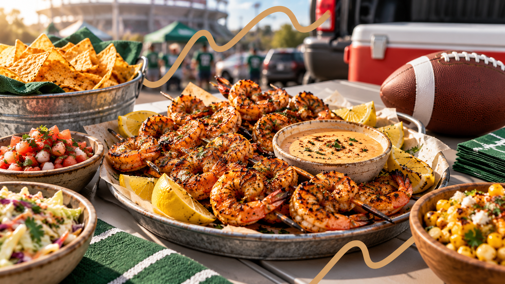 Shrimp Tailgate Feast A game-day tailgate spread featuring grilled shrimp skewers, dipping sauce, chips, salsa, corn, and football-themed details.