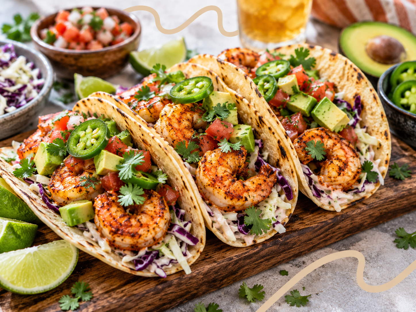 Spicy Shrimp Tacos Grilled shrimp tacos topped with avocado, pico de gallo, jalapeños, cilantro, and crunchy slaw for a bold game-day meal.
