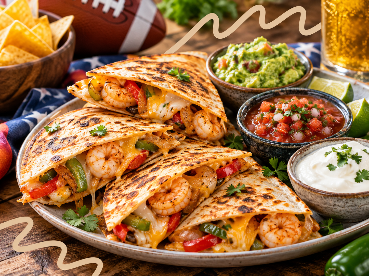 Shrimp Quesadillas Crispy shrimp quesadillas filled with melted cheese and peppers, served with guacamole, salsa, and sour cream.