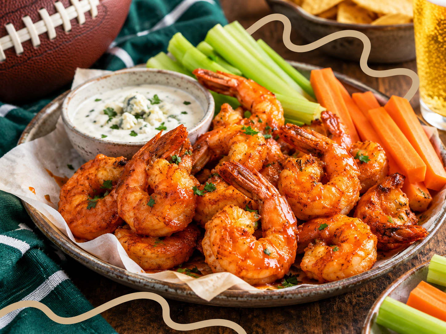 Buffalo Shrimp Spicy buffalo shrimp served with celery, carrots, and creamy blue cheese dip for a seafood twist on classic game-day wings.
