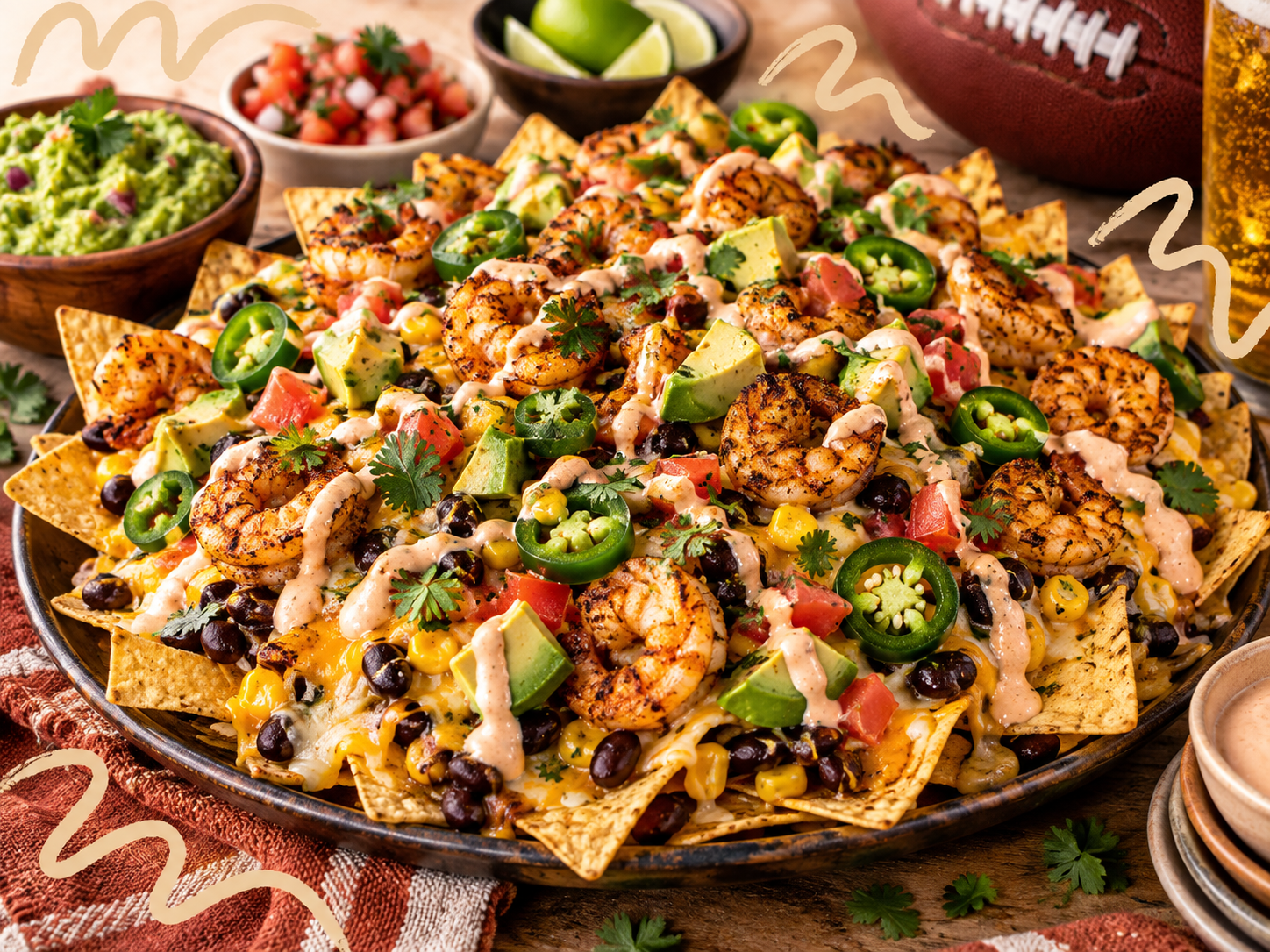 Shrimp Nachos Loaded game-day nachos topped with grilled shrimp, cheese, black beans, corn, avocado, jalapeños, pico de gallo, and spicy crema.