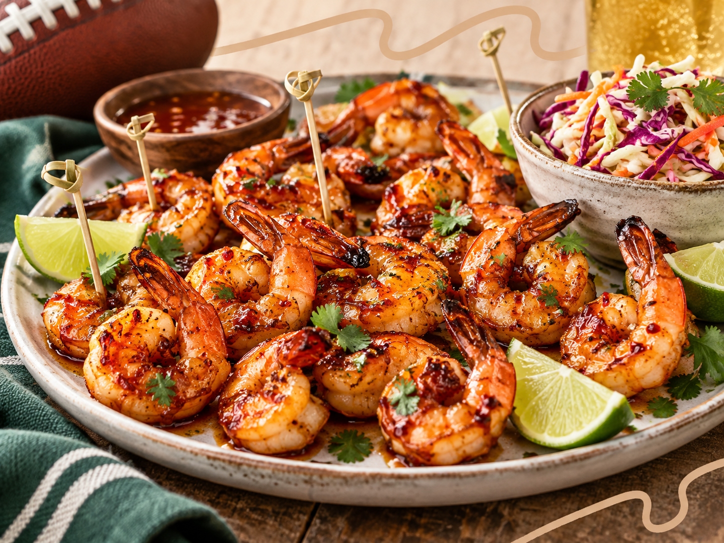 Cajun Grilled Shrimp Skewers Charred Cajun-seasoned shrimp skewers served with lemon wedges and a creamy dipping sauce for an easy game-day appetizer.